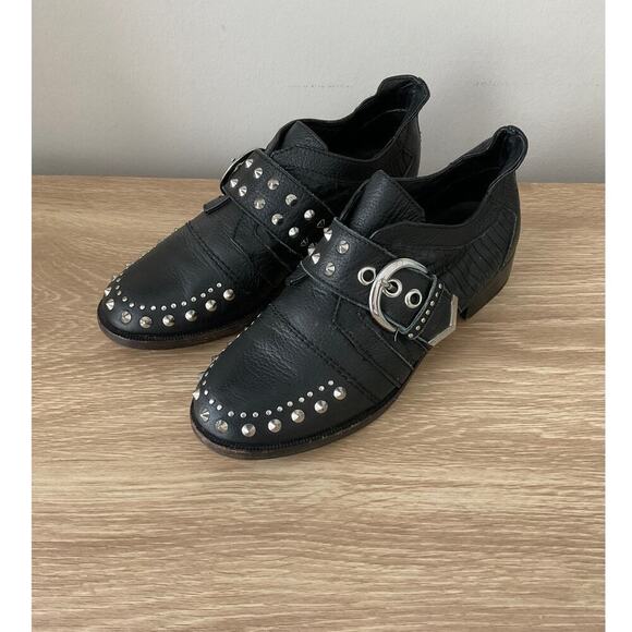 Zadig & Voltaire Leather Spiked Buckle Oxford Flat Shoe Black - Picture 1 of 7